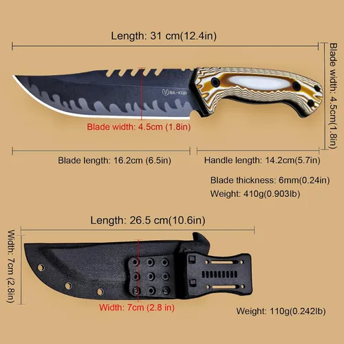 Miniatura 3 de BA-KOR Cuchillo de caza de hoja fija de tang completo de 12.4 pulgadas – acero 9CR18MoV de 6mm, mango G10, hoja de sierra dentada lavada a la piedra