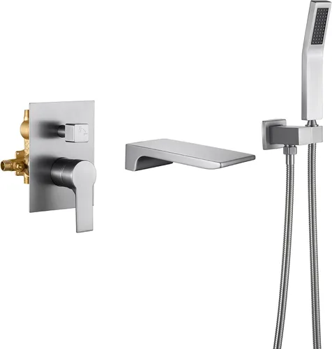 SHAMANDA Grifo de bañera de cascada montado en la pared con ducha de mano, grifo de bañera de baño de una sola manija, juego de grifo de ducha de