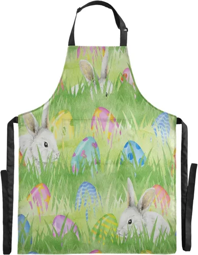 Delantal con diseño de huevos de conejo de Pascua en acuarela para mujeres y hombres, delantal de cocina con cuello ajustable y bolsillos grandes