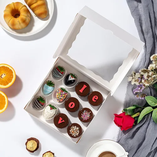 Miniatura 3 de RomanticBaking Paquete de 24 cajas de panadería (no incluye alimentos) de 7 x 7 x 2 1/2 pulgadas, cajas de fresas cubiertas de chocolate blanco