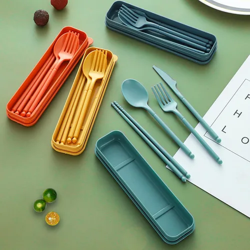 Miniatura 5 de Juego de utensilios para acampar, juego de utensilios reutilizables con estuche, juego de cubiertos de plástico tenedores cuchara vajilla palillos