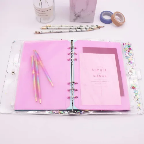 Miniatura 7 de Bolsillos para carpeta A5, color rosa, 12 unidades, con cremallera, bolsas de hojas sueltas, 6 agujeros, organizador de cremallera de PVC, carpeta