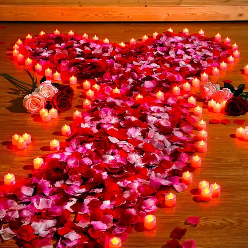 Miniatura 14 de Coume 6000 pétalos de rosa artificiales con 72 velas LED sin llama, decoraciones románticas, velas falsas, decoraciones de aniversario para el día