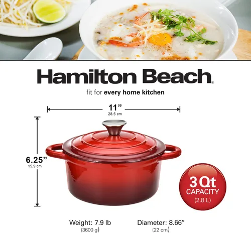 Miniatura 7 de Hamilton Beach Horno holandés de hierro fundido esmaltado de 3 cuartos de galón con tapa, olla resistente para estofar, asar y hornear, color rojo