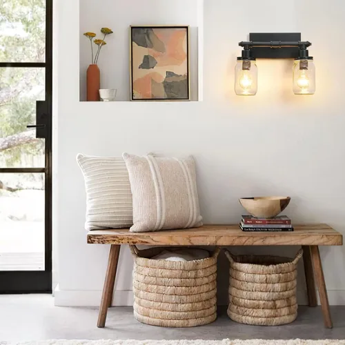 Miniatura 5 de Lámpara de tocador de baño de 2 luces, lámpara de baño negra, aplique de pared industrial de granja con pantallas de vidrio, lámpara de tocador