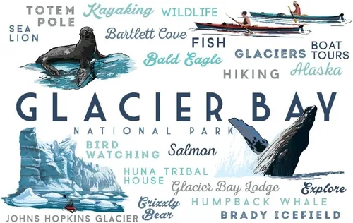 Glacier Bay National Park Alaska tipografía e iconos 36 x 54 pulgadas póster de viaje para decoración de pared