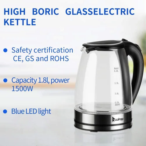 Miniatura 5 de Hervidor eléctrico saludable de 1.8 L, hervidor de té de vidrio de borosilicato de 1200 W con material de grado alimenticio, apagado automático