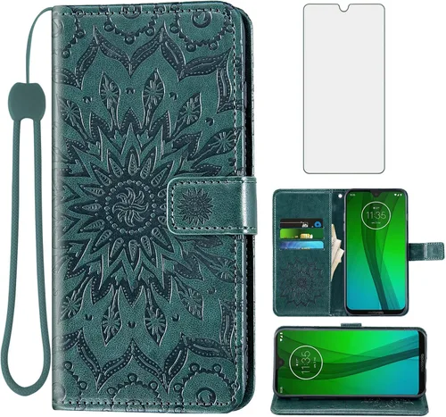 Funda de teléfono para Motorola Moto G7/G7+/Revvlry Plus con protector de pantalla de vidrio templado, funda de cuero con tapa para tarjetero,