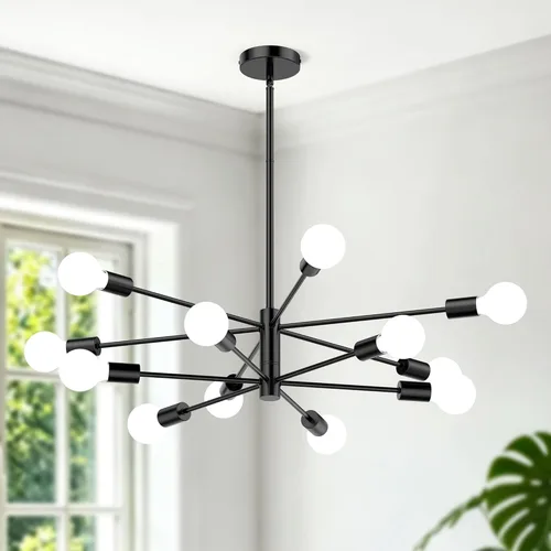 Miniatura 10 de Candelabros Sputnik Modernos para Comedor, Altura Ajustable Semi Empotrado Negro y Dorado Candelabro Lámpara de Techo Montaje 6 Luces Mediados