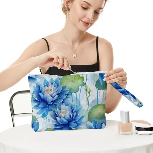 Miniatura 3 de Fokongna Bolsa húmeda con estampado floral, pequeño organizador portátil impermeable multifuncional para mujeres, lirio de agua azul, ideal para uso