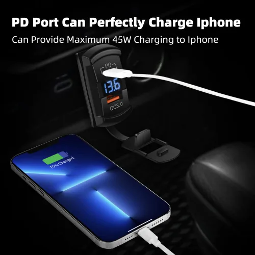 Miniatura 4 de CNAODUN Interruptor basculante USB con cargador USB C y cubierta impermeable, Dual PD y QC3.0, voltímetro LED azul de 12V/24V para panel