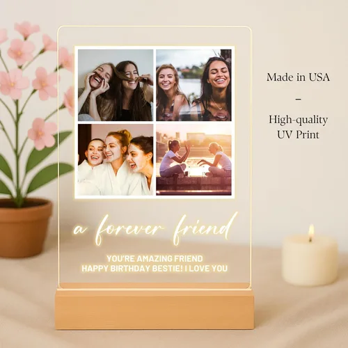 Miniatura 4 de Placa de fotos personalizada con soporte de luz LED de madera, acrílico, regalo para mejor amiga para ella, regalo para él, collage de fotos