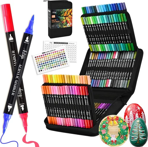 Artugn Rotuladores de Pintura Acrílica de 120 Colores, Marcadores de Doble Punta con Punta Fina y Punta de Pincel para Pintura en Rocas, Cerámica,