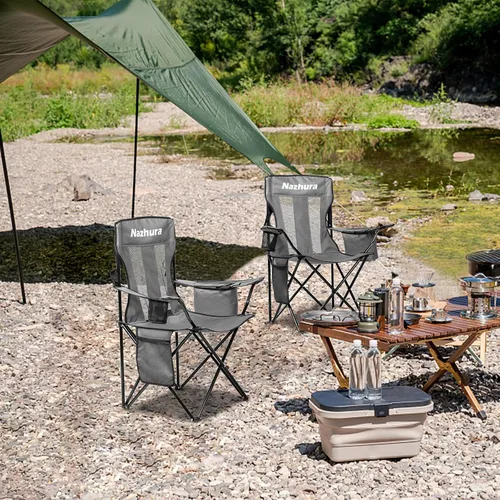 Miniatura 6 de Nazhura - Juego de 2 sillas de camping al aire libre plegables/doblables/portátiles con bolsa enfriadora, respaldo de malla y bolsillo portavasos