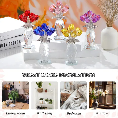 Miniatura 5 de YWHL Figura de ramo de rosas azules de cristal con jarrón, hecha a mano para mujeres en el día de la madre, flores de cristal con tallo decoración