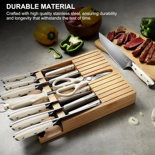 Miniatura 5 de N NOBLE FAMILY Juego de bloque de cuchillos para cajón, juego de 16 piezas de cuchillos de cocina con bloque de madera, juego de cuchillos de corte