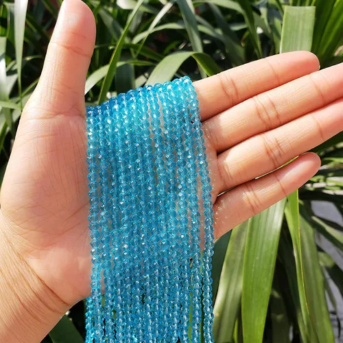 Miniatura 3 de Briolette de 0.157 in, 1350 cuentas de cristal color aguamarina pequeñas con forma de rondelle facetado, cuentas espaciadoras de cristal
