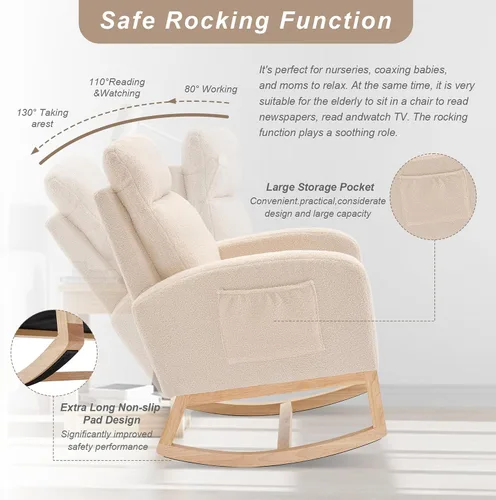 Miniatura 5 de Mecedora para Guardería con Patas de Madera Maciza, Silla Deslizante para Guardería con Bolsillo Lateral, Sillón Mecedor para Sala de Estar