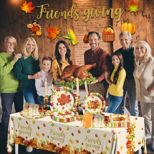 Miniatura 4 de Decoraciones de fiesta de Acción de Gracias para amigos, 142 piezas de vajilla de otoño incluye platos de papel, mantel, tazas. Decoraciones