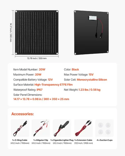 Miniatura 7 de VEVOR Cargador de batería de panel solar de 20 W y 12 V, cargador de batería solar con controlador inteligente integrado y 3 cables de conexión