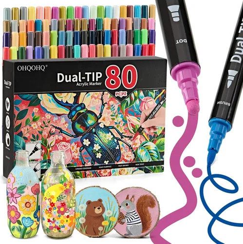 Marcadores de pintura acrílica de 80 colores, juego de marcadores acrílicos de doble punta con punta fina y punta de punto para pintura roca,