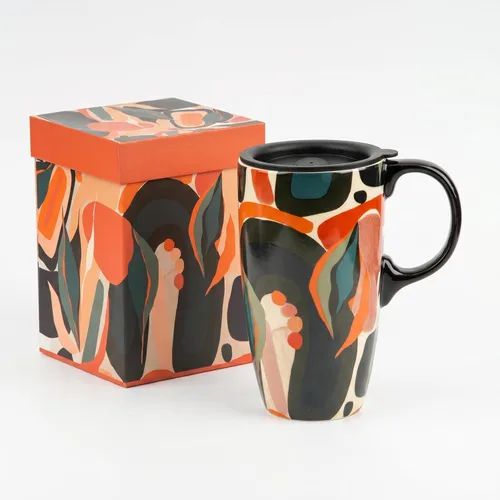 Taza de café de cerámica de 17 onzas con tapa y caja de regalo, taza de té de porcelana floral abstracta moderna, apta para microondas y Colorido
