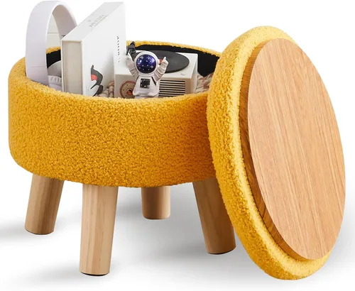 Miniatura 9 de Wimarsbon Otomana de almacenamiento, moderno reposapiés redondo con asiento acolchado suave, reposapiés de terciopelo teddy con patas de madera