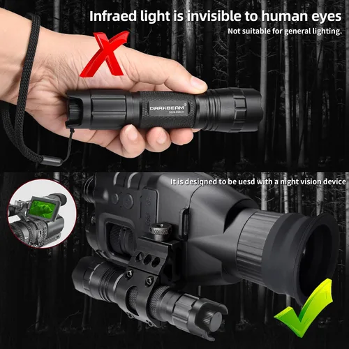 Miniatura 7 de DARKBEAM Linterna IR para suplemento de visión nocturna, luz LED de flash infrarroja de 850 nm recargable, iluminador de largo alcance continuo