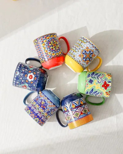 Miniatura 4 de HENXFEN LEAD Juego de 6 tazas de café bohemias de cerámica, tazas coloridas de 14 onzas para té, café con leche y chocolate caliente, aptas
