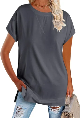Zeraly Camiseta de manga corta para mujer, cuello redondo, color liso, con abertura lateral, casual, para deportes de verano