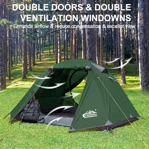 Miniatura 4 de Carpa de mochilero Camppal de 2-3 personas con puerta doble y 2 vestíbulos, impermeable, a prueba de viento, ligera, fácil de montar, para 3