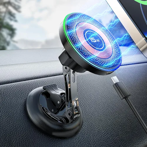 Miniatura 8 de Cargador magnético de montaje en coche inalámbrico, carga rápida de 15 W, soporte magnético para teléfono celular 2 en 1, se pega en el parabrisas