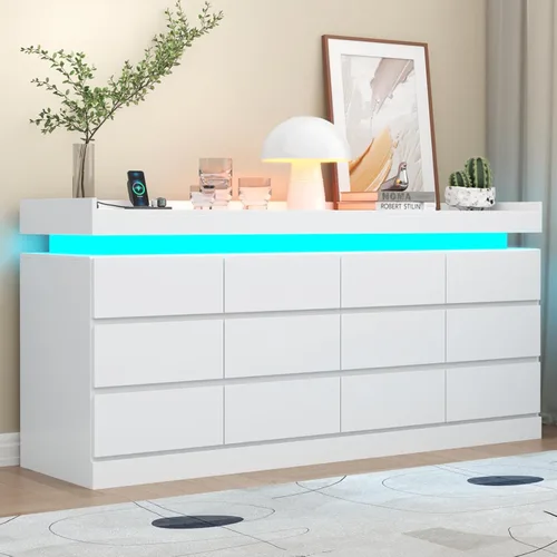 Miniatura 15 de Gyfimoie Cómoda de 9 cajones con toma de corriente, cómoda con luz LED, cómoda moderna para armario, gabinete organizador de cajones doble ancho