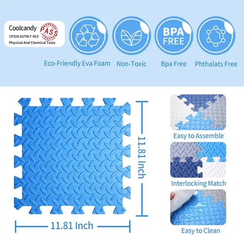 Miniatura 4 de Coolcandy Tapete de juego de espuma para bebé, 16 piezas con tiras de borde, azulejos de piso entrelazados de 4 colores, tapete de piso
