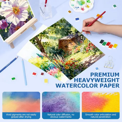 Miniatura 5 de Pacocoast Bloc de papel de acuarela, 9 x 12 pulgadas (300 gsm/140 libras) de prensa en frío, cuaderno de bocetos de color de agua, 20 hojas.