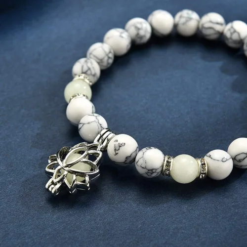 Miniatura 6 de Pulsera luminosa con forma de flor de loto que brilla en la oscuridad para mujer, piedras turquesas naturales, joyería de oración de yoga, Metal