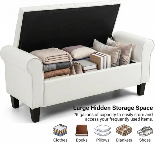 Miniatura 5 de ECOTOUGE Banco otomano de almacenamiento de 55 pulgadas para sala de estar, banco de pie de cama con brazo enrollado, otomano de cuero con Blanco
