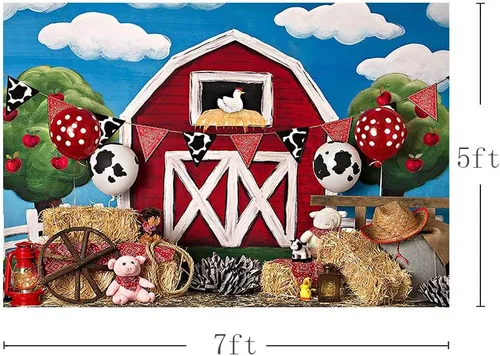 Miniatura 3 de MEHOFOTO - Fondo de cabina de estudio fotográfico de granero rojo de granja, animales rústicos, césped verde, cielo, decoración de fiesta