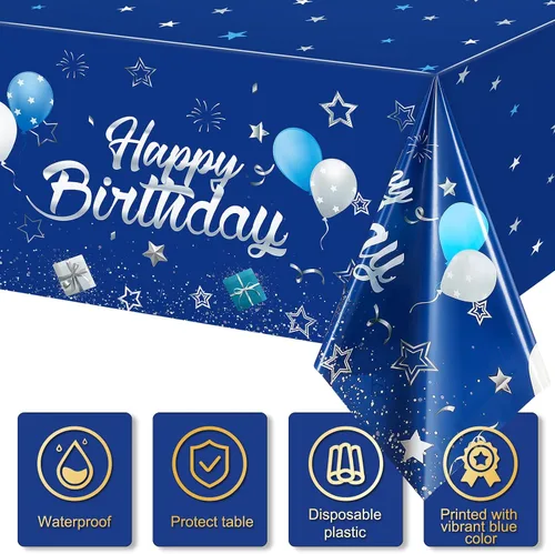 Miniatura 3 de Tegeme Suministros de Fiesta Azul Marino Manteles de Feliz Cumpleaños con Estrellas Confeti Estrellado Cubiertas de Mesa para Niños Niñas Baby Azul