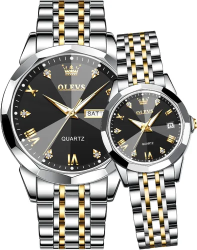 Miniatura 15 de OLEVS Reloj para parejas para él y ella, reloj analógico de cuarzo para hombres y mujeres, de acero inoxidable, impermeable, luminoso, fecha, reloj