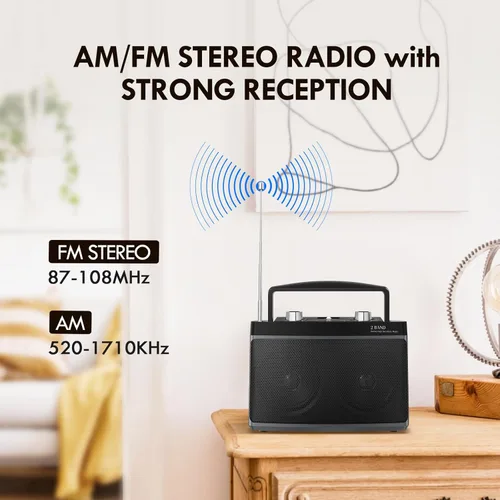 Miniatura 2 de AM FM Radio portátil enchufable de pared o batería para el hogar y al aire libre, fuerte recepción y sonido estéreo, fácil de usar, conector de Negro