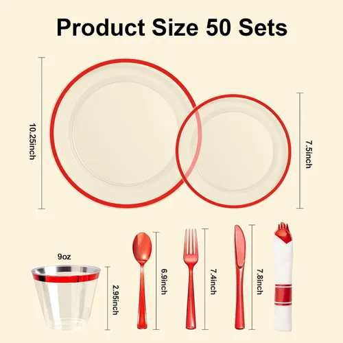 Miniatura 5 de BESTSTAR Juego de 350 platos desechables transparentes y rojos para 50 invitados, 100 platos de plástico, 50 vasos de plástico, 50 servilletas