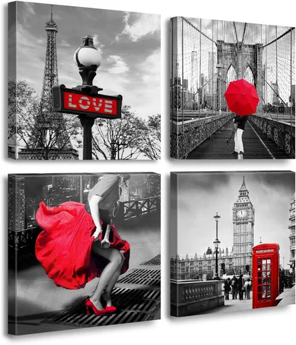 Miniatura 20 de JiazuGo - Decoración de pared para dormitorio con rosas rojas, arte de pared en blanco y negro, flores modernas para parejas, cuadros románticos
