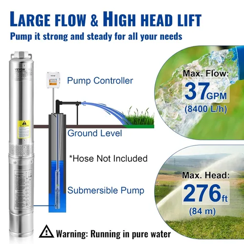Miniatura 3 de VEVOR Bomba sumergible de pozo profundo, 1.5 HP 115 V/60 Hz, cabezal de 37 gpm y 276 pies, con cable de 33 pies y caja de control externo, bomba