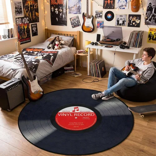 keepcute Alfombra Redonda de Registro de Música Negra para Dormitorio, Sala de Estar, Estudio, Alfombra Antideslizante para Jugar, Alfombra para