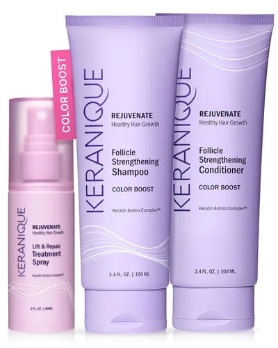 Keranique Juego de champú y acondicionador tratado con color con spray para engrosar el cabello, juego de refuerzo de color enriquecido con