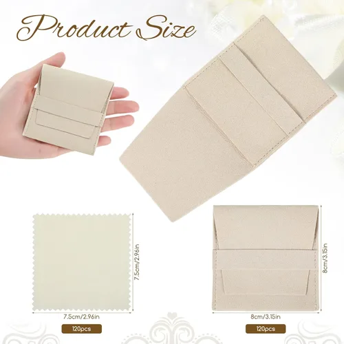 Miniatura 2 de 120 piezas de microfibra bolsa de joyería 3.1x3.1 in bolsa de embalaje regalo de lujo correa fija estilo sobre embalaje con paño de limpieza (beige)