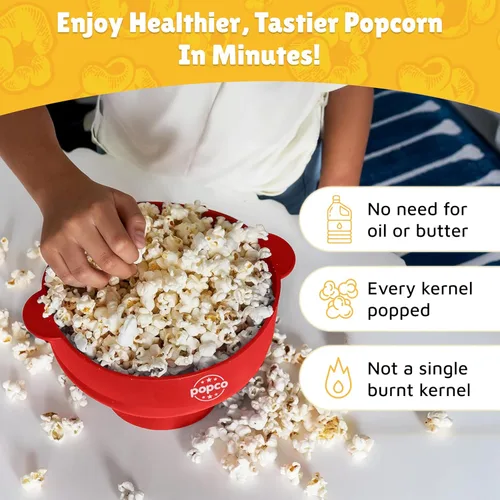 Miniatura 2 de POPCO Cuenco para Palomitas de Maíz para Microondas - Recipiente de Silicona para Hacer Palomitas con Asas - Diseño Plegable, 2.3 Pulgadas de Altura