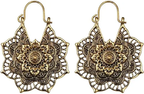 Aretes bohemios de loto para mujer, aretes de aro de plata de ley 925, aretes étnicos de gota esmaltados, aretes vintage para decoración de fiesta