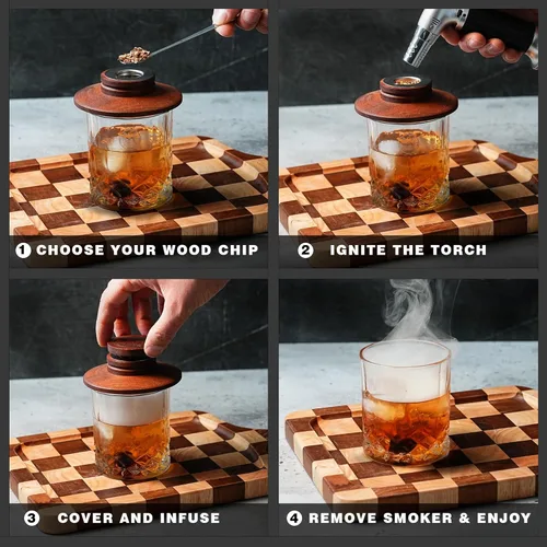 Miniatura 9 de EVERYDAY COCKTAIL Kit de ahumador de whisky con antorcha – Kit de ahumador antiguo con chips de madera de 4 sabores – Kit de ahumador de whisky